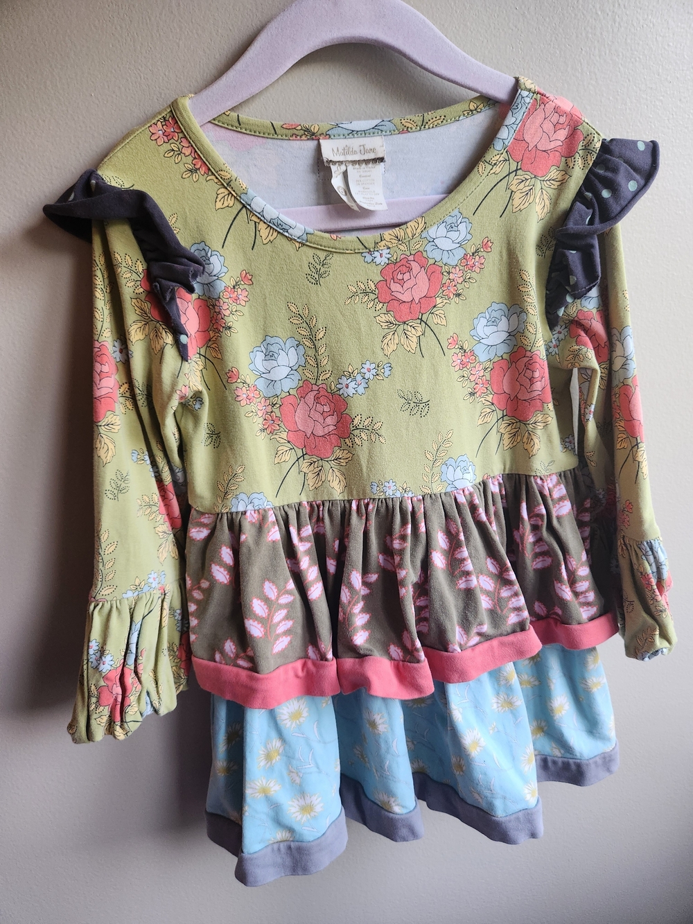Matilda Jane Olive Floral Dress Top with Coral and Light Blue Blooms